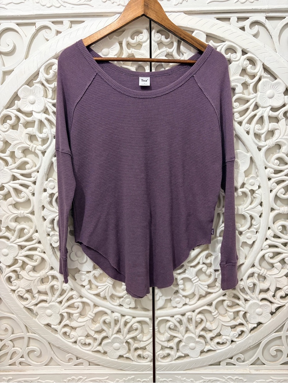 TNA by Aritzia Waffle Knit Raglan Long Sleeve Top Purple S